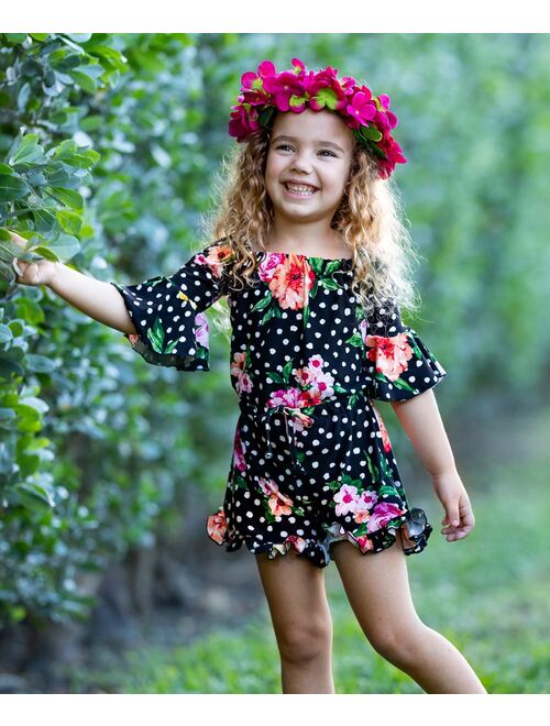 Black & Pink Floral Ruffle-Hem Off-Shoulder Romper - Toddler & Girls
