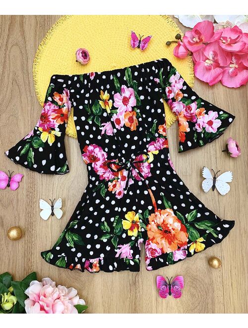 Black & Pink Floral Ruffle-Hem Off-Shoulder Romper - Toddler & Girls
