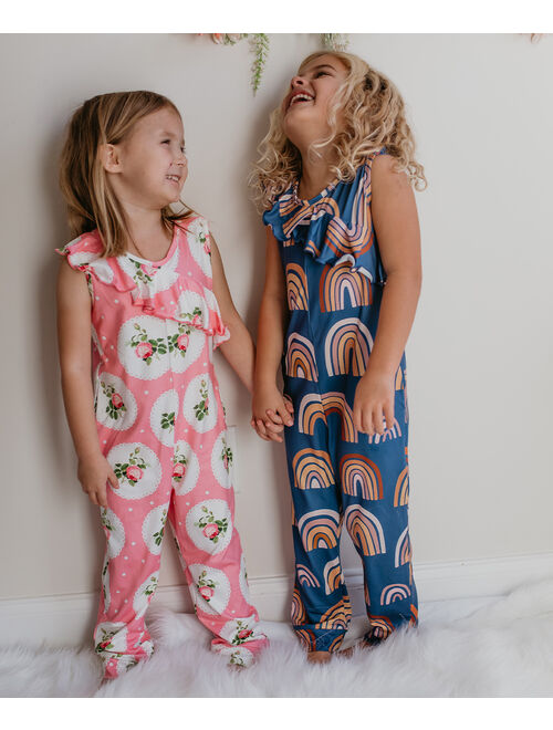 Blue & Pink Rainbow Asymmetric Ruffle Sleeveless Jumpsuit - Toddler & Girls