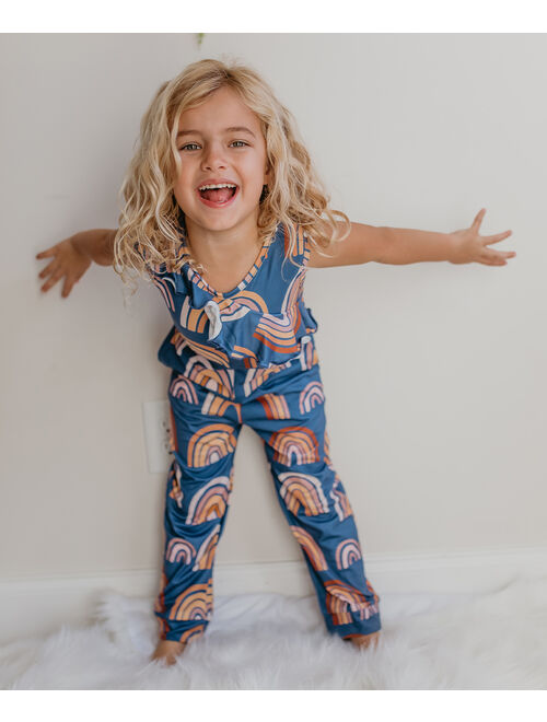 Blue & Pink Rainbow Asymmetric Ruffle Sleeveless Jumpsuit - Toddler & Girls