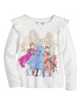 Frozen Anna Elsa Tee for Girls Flutter Tee Long Sleeve Tee White and Teal Anna Elsa Sizes 7-12.