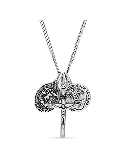 Steve Madden Men's Oxidized Saint Benedict, Crucifix, and Saint Michael Trio Pendant Chain Necklace for Men in Stainless Steel, Silver, 28