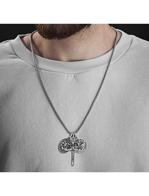 Steve Madden Men's Oxidized Saint Benedict, Crucifix, and Saint Michael Trio Pendant Chain Necklace for Men in Stainless Steel, Silver, 28