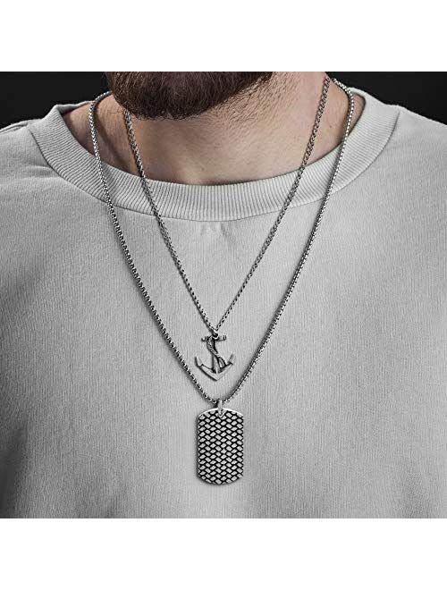 Steve Madden 28 Inch Oxidized Stainless Steel Box and Curb Chain Anchor and Dogtag Duo Pendant Necklace for Men
