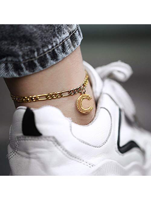 GOLDCHIC JEWELRY Anklets with Initials, Personalized Waterproof 4.5MM Wide Resizable 18K Gold Plated Figaro Chain Initial Letter Ankle Bracelets for Women Summer Jewelry,