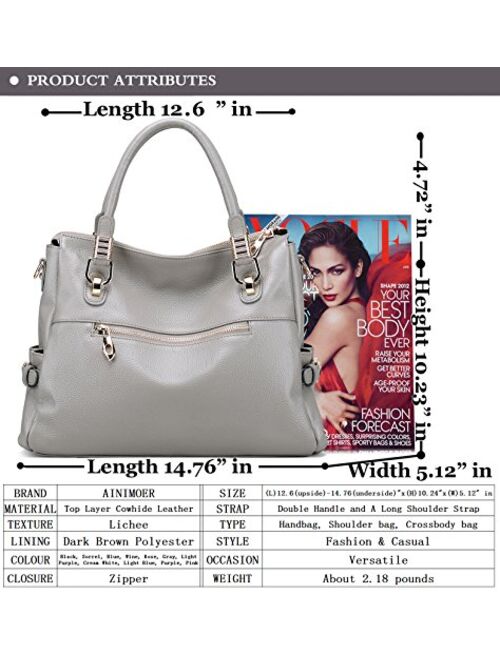 AINIMOER Womens Genuine Leather Vintage Tote Shoulder Bag Top-handle Crossbody Handbags Large Capacity Ladies' Purse (Gray)
