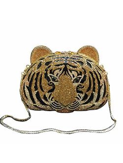 Lady Dazzle Full Diamond Clutch Tiger Head Evening Bag Bling Rhinestone Chain Cross Body Bag Animal Purse