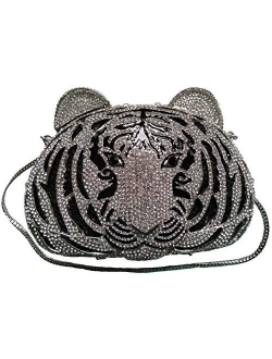 Lady Dazzle Full Diamond Clutch Tiger Head Evening Bag Bling Rhinestone Chain Cross Body Bag Animal Purse