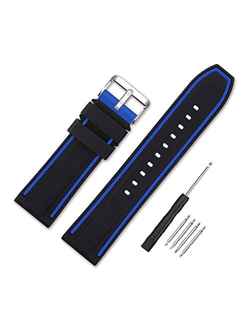 Narako Silicone Watch Bands Divers Model Replacement Rubber Watch Strap 20mm 22mm 24mm 26mm Waterproof Line Bicolor Silver Buckle for Men and Women Sport