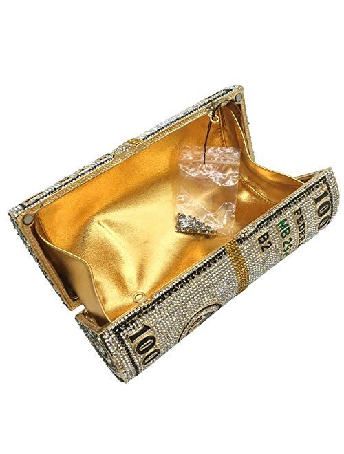 Boutique De FGG Stack of Cash Round Money Purses for Women Minaudiere Crystal Clutch Evening Bags (Gold,Small Size)