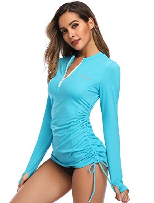 HISKYWIN Women's Long Sleeve UV Sun Protection Rash Guard Side Adjustable Wetsuit Swimsuit Top