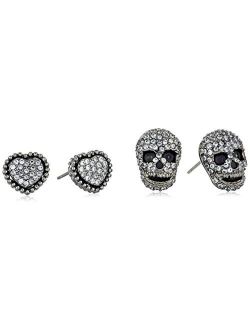 CZ Pave Heart & Skull Duo Set of Stud Earrings