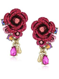 Roses Pink Flower & Stone Earrings