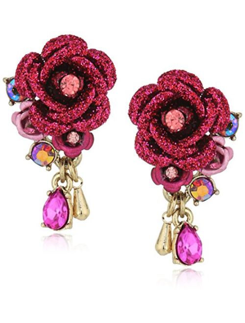 Betsey Johnson Roses Pink Flower & Stone Earrings