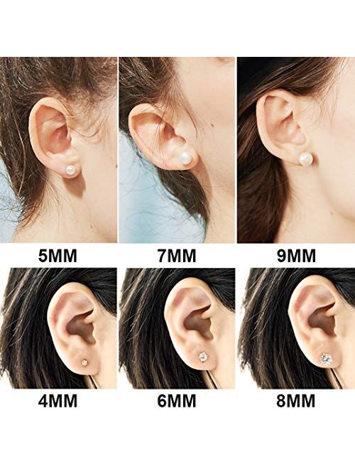 GoldChic Jewelry 6 Pair/7 Pairs Round Clear CZ Faux Pearl/Bezel-set Stud Earings Set 5mm Interchangeable,Stainless Steel Earrings for Sensitive Ears,[Can Change Stone]
