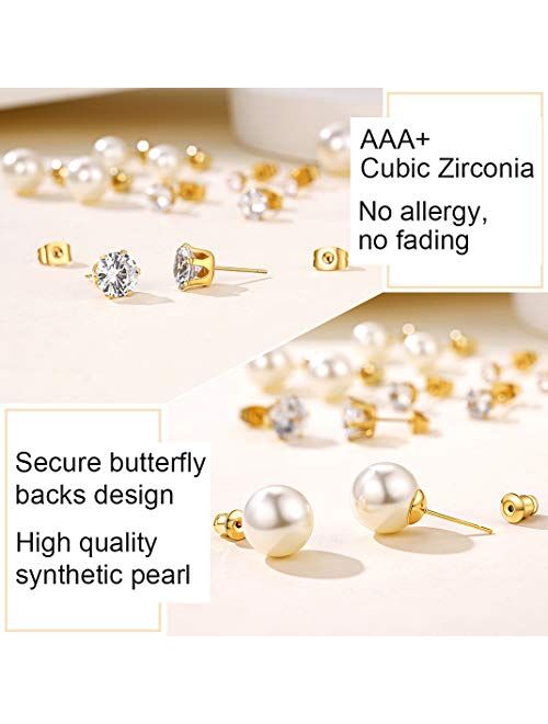 GoldChic Jewelry 6 Pair/7 Pairs Round Clear CZ Faux Pearl/Bezel-set Stud Earings Set 5mm Interchangeable,Stainless Steel Earrings for Sensitive Ears,[Can Change Stone]
