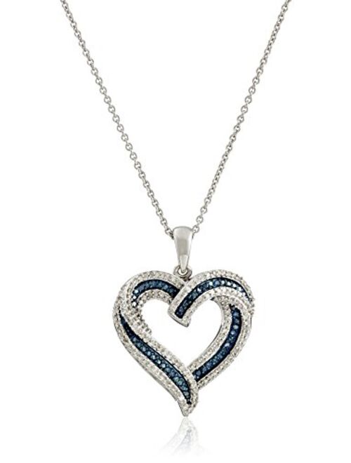 Amazon Collection Sterling Silver Blue and White Diamond Heart Pendant Necklace (1/2 cttw), 18"