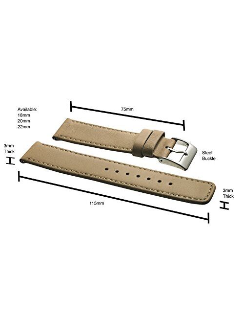 ALPINE Slim soft stitched genuine leather watch band with quick release spring bars - white, black, brown, beige - 18mm, 20mm, 22mm