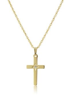 14k Yellow Gold Solid Diamond-Accented Cross Pendant Necklace, 18"