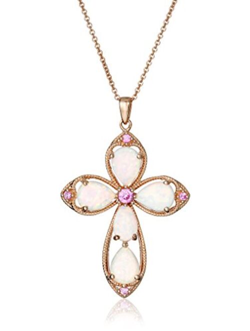 14K Rose Gold over Sterling Silver Created Opal with Created Pink Sapphire Cross Pendant Necklace, 18"