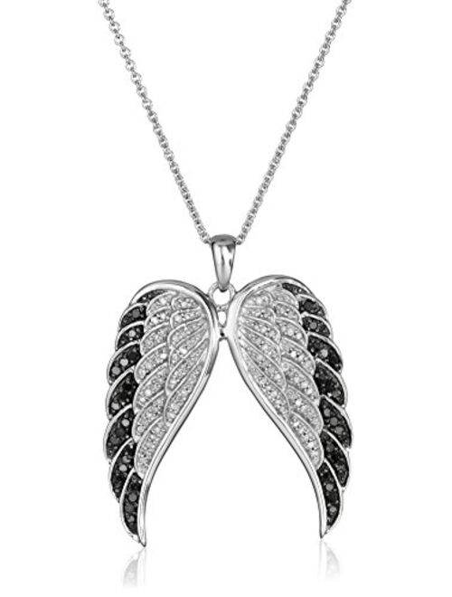 Sterling Silver Black and White Diamond Angel Wings Pendant Necklace (1/2 cttw), 18"