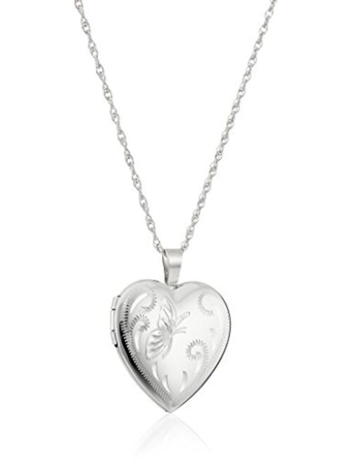 Sterling Silver Heart with Hand Engraved Butterfly Locket Necklace, 18"
