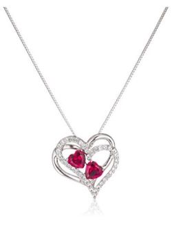 Sterling Silver Created Ruby and White Sapphire Double Heart Pendant Necklace, 18"
