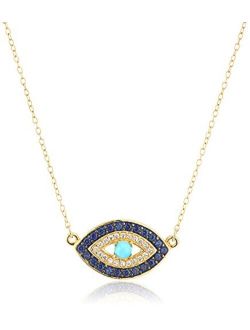 18k Yellow Gold Plated Sterling Silver Stabilized Turquoise with Created Blue and White Sapphire Evil Eye Necklace, 18"