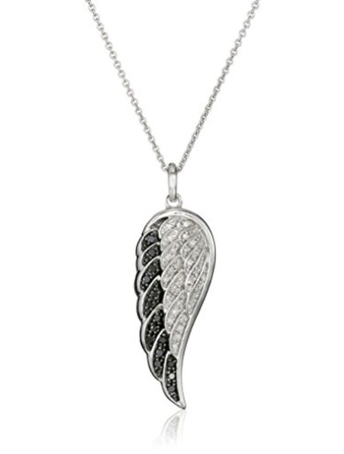 Sterling Silver Black and White Diamond Angel Wing Pendant Necklace (1/5 cttw), 18"