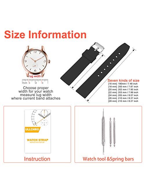 Ullchro Silicone Watch Strap Replacement Waterproof Smooth Flexible - 16, 18, 20, 22, 24, 26, 28mm