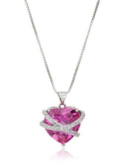 Amazon Collection Sterling Silver Created Gemstone and Created White Sapphire Wrapped Heart Pendant Necklace, 18"