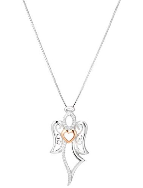 Two-Tone Sterling Silver and Rose Gold Over Sterling Silver Angel with Heart Pendant Necklace, 18"