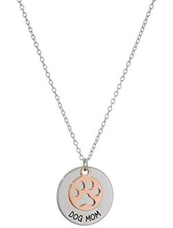 Amazon Collection Sterling Silver "Dog Mom" with 14k Rose Gold Plated Paw Print Disc Necklace, 18"