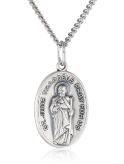 Sterling Silver Oval Saint Jude Medal with Antique Finish and Stainless Steel Chain, 20"