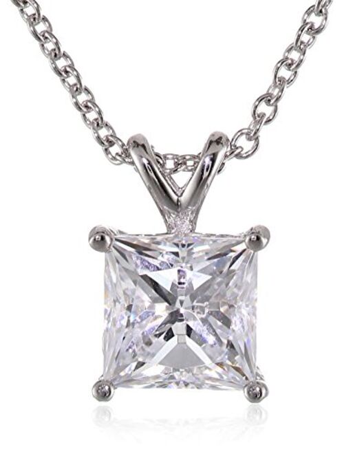 Platinum or Gold Plated Sterling Silver Princess Cut Solitaire Pendant Necklace made with Swarovski Zirconia, 18"