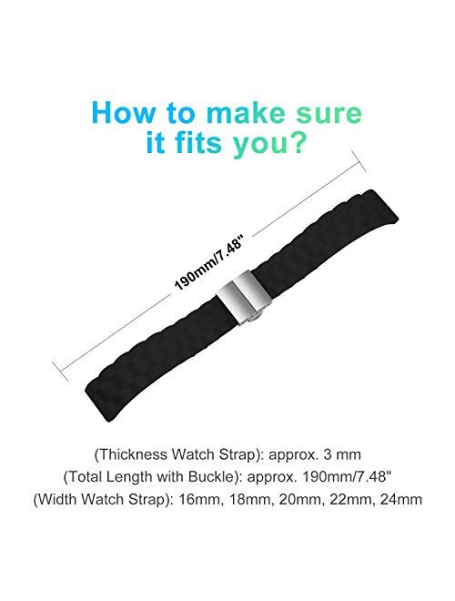 Ullchro Silicone Watch Strap Replacement Rubber Watch Band Waterproof Link Pattern - 16mm, 18mm, 20mm, 22mm, 24mm Watch Bracelet with Stainless Steel Deployment Buckle