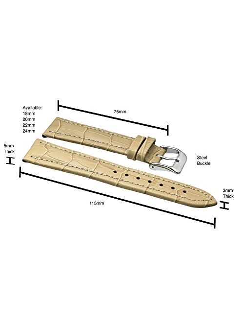 ALPINE Genuine padded leather watch band in Alligator grain finish -assorted 10 colors in sizes 18mm, 20mm, 22mm & 24mm