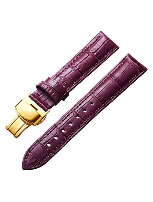 Genuine Calfskin Leather Watch Bands Replacement Alligator Strap for Men Women with Silver/Rose Gold Butterfly Deployment Buckle 12mm 13mm 14mm 16mm 17mm 18mm 19mm 20mm 2