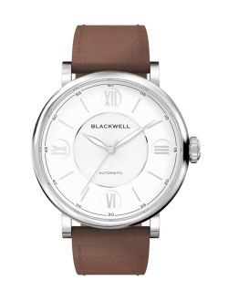 White Dial with Silver Tone Steel and Brown Leather Watch 44 mm