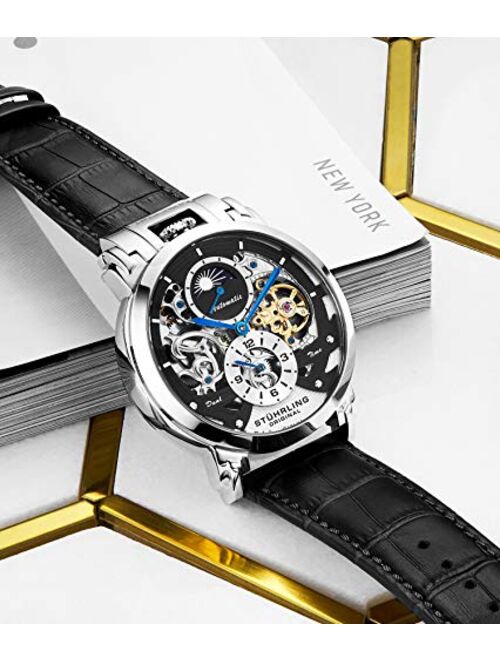 Stuhrling Orignal Mens Watch Automatic Watch Skeleton Watches for Men - Leather Luxury Dress Watch - Mechanical Watch Stainless Steel Case Self Winding Analog Watch for M
