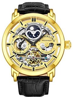 Stührling Original Mens Watch Stainless Steel Automatic, Skeleton Dial, Dual Time, AM/PM Sun Moon,Genuine Leather Strap 371 Watches for Men Series