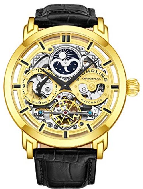 Stuhrling Stührling Original Mens Watch Stainless Steel Automatic, Skeleton Dial, Dual Time, AM/PM Sun Moon,Genuine Leather Strap 371 Watches for Men Series