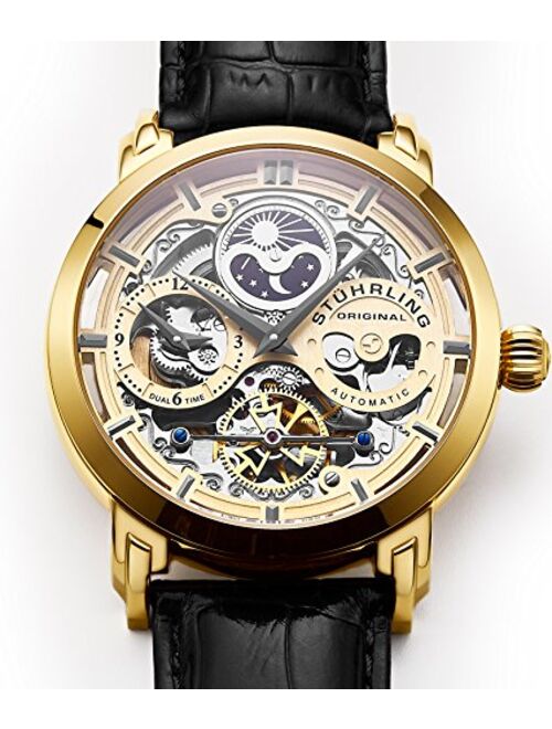 Stuhrling Stührling Original Mens Watch Stainless Steel Automatic, Skeleton Dial, Dual Time, AM/PM Sun Moon,Genuine Leather Strap 371 Watches for Men Series