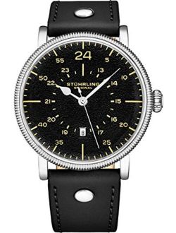 Analog Quartz Stainless Steel Watch by Stuhrling Original with Leather Watch Band. Black Dial. Military Aviator 24-Hour Layout. Special Edition Gift Watches for Men with