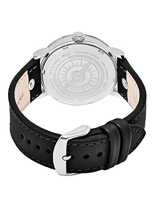 Analog Quartz Stainless Steel Watch by Stuhrling Original with Leather Watch Band. Black Dial. Military Aviator 24-Hour Layout. Special Edition Gift Watches for Men with 