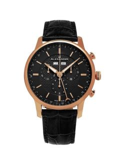 Alexander Watch A101-04, Stainless Steel Rose Gold Tone Case on Black Embossed Genuine Leather Strap