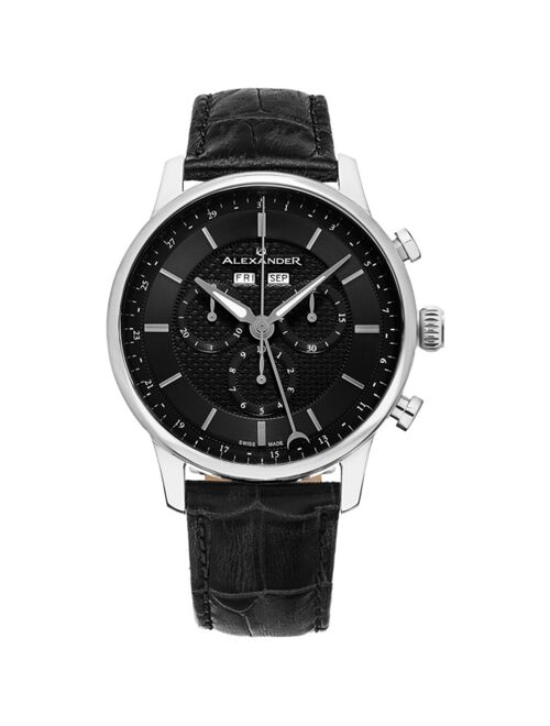 Stuhrling Alexander Watch A101-02, Stainless Steel Case on Black Embossed Genuine Leather Strap