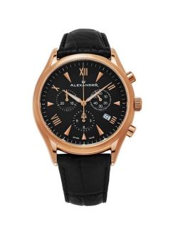 Alexander Watch A021-03, Stainless Steel Rose Gold Tone Case on Black Embossed Genuine Leather Strap