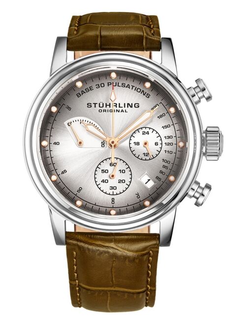 Stuhrling Men's Quartz Pulsometer Chronograph, Grey/Silver Dial, Green Leather Strap Watch