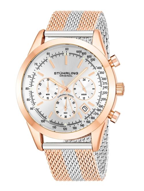 Stuhrling Men's Quartz Chronograph Date Rose Gold-Tone and Silver-Tone Stainless Steel Mesh Bracelet Watch 44mm